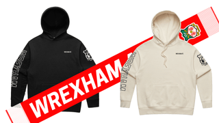 Coming soon graphic that displays 2 hoodies, one white and one black, also featuring a red scarf that reads Wrexham AFC