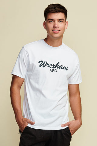 Photo of model wearing a white men's t-shirt with "wrexham afc" written in black script font. Short Sleeve