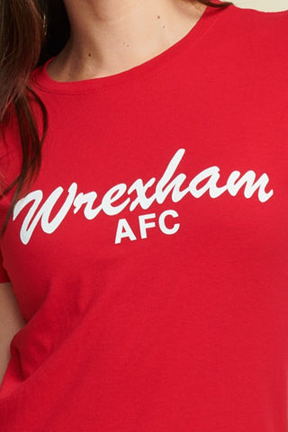 Close up, Photo of female model wearing red tee with "wrexham afc" written out in script text along. White text, Short Sleeve