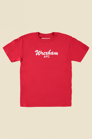 Product Photo of red tee with "wrexham afc" written out in script text along. white text, Short Sleeve