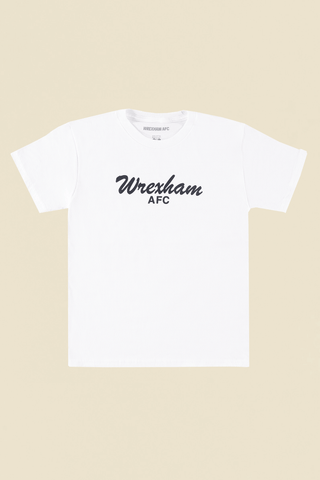 Product Photo of white tee with "wrexham afc" written out in script text along. Black text, Short Sleeve