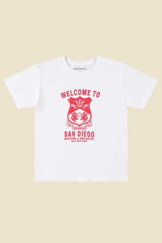 flat lay photo of a white youth short sleeve tee with the words "welcome to san diego" in red across the front, red text.
