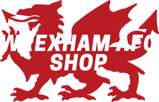 White text graphic that reads "Wrexham AFC Shop" Embedded into a red dragon graphic